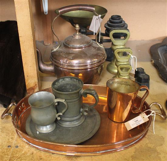 Set of scales, a copper kettle, two-handled pan, pewter, etc.